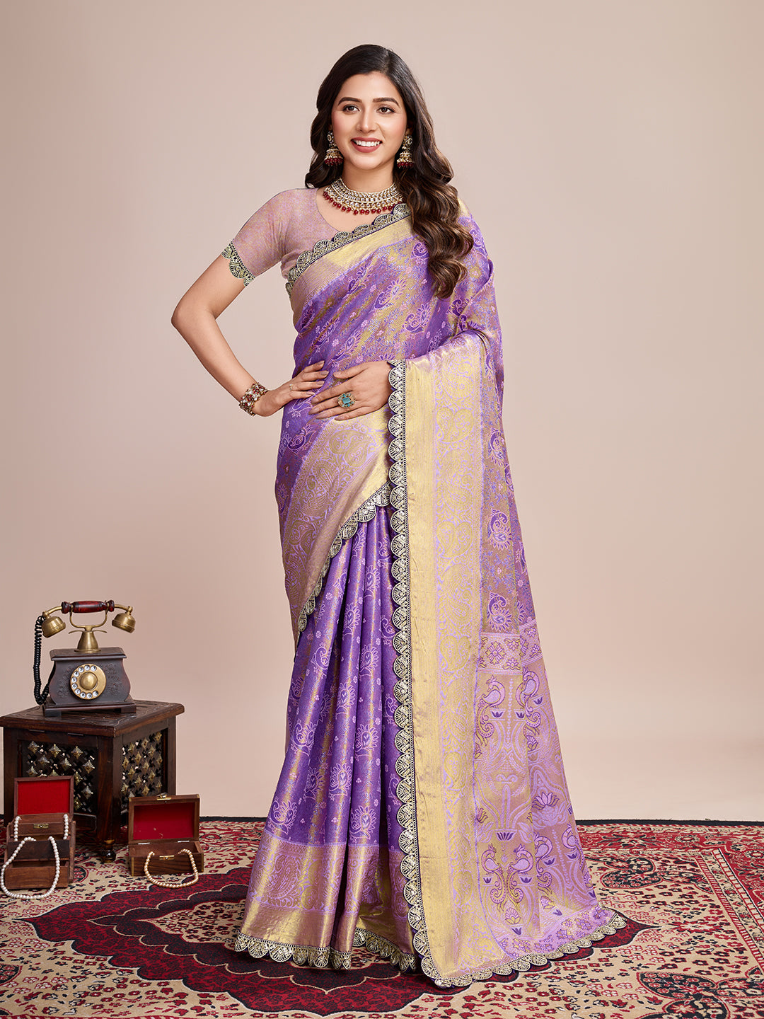 Women's Lavender & Gold Banarasi Silk Saree with Rich Zari Weaving