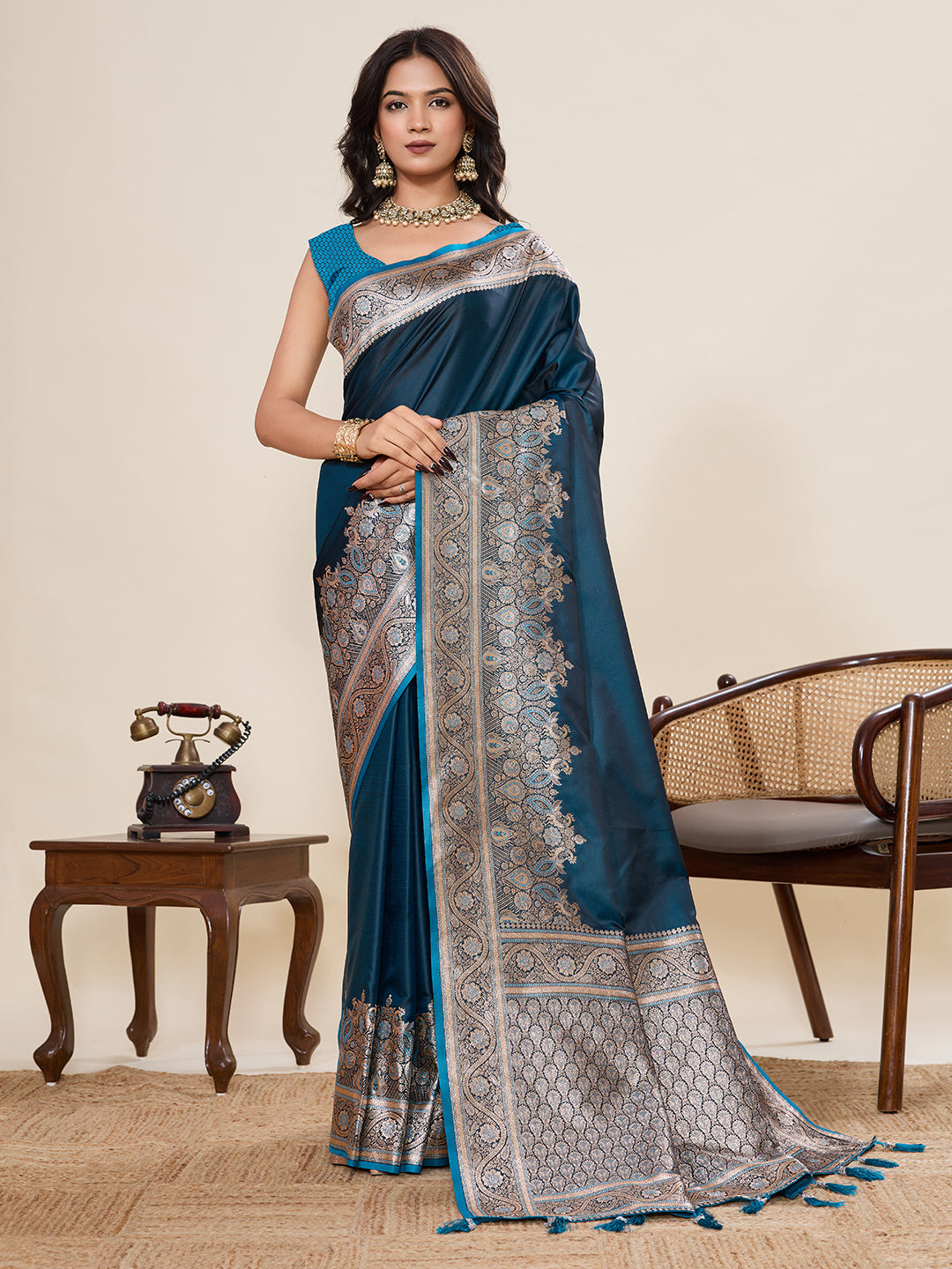 Navy Blue Banarasi Soft Silk Saree with Heavy Silver Zari Woven Border & Rich Pallu