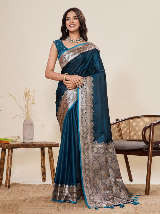 Women's Teal Blue Banarasi Silk Saree with Rich Zari Border & Designer Pallu