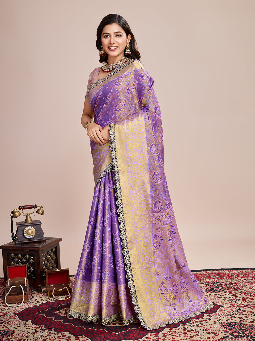 Women's Lavender & Gold Banarasi Silk Saree with Rich Zari Weaving