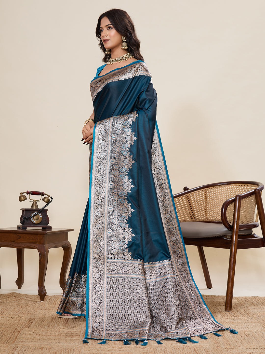 Navy Blue Banarasi Soft Silk Saree with Heavy Silver Zari Woven Border & Rich Pallu