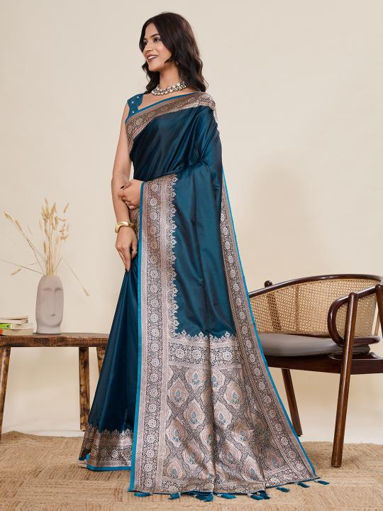 Women's Teal Blue Banarasi Silk Saree with Rich Zari Border & Designer Pallu