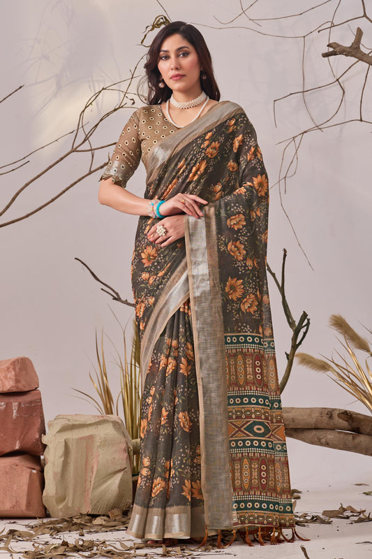 Women's Premium Linen Silk Floral Printed Saree with Woven Border & Tassel Pallu