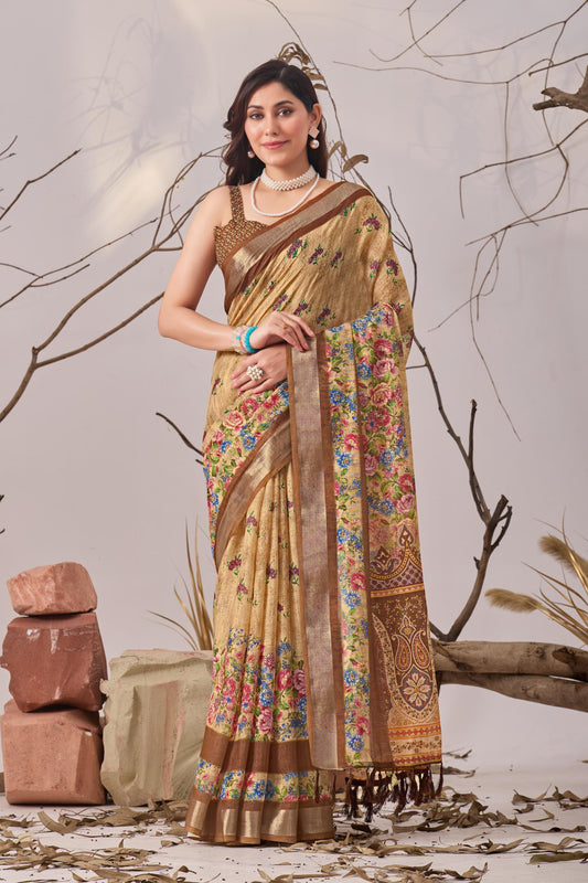 Women's Premium Linen Silk Floral Printed Saree with Rich Woven Border & Tassel Pallu