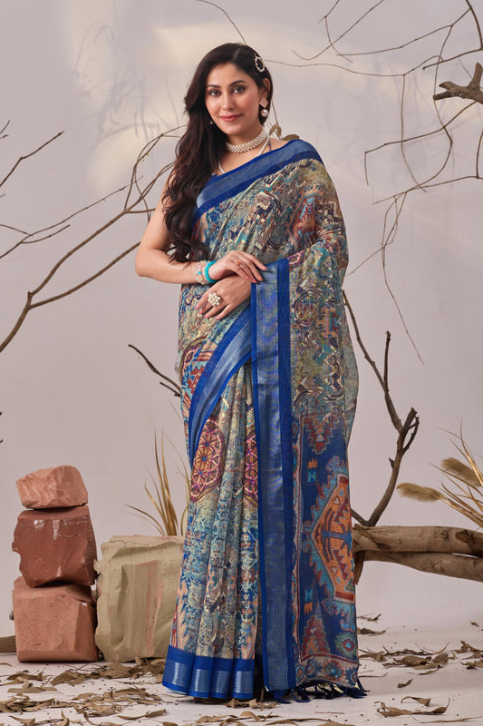 Women's Premium Linen Silk Abstract Printed Saree with Royal Blue Woven Border & Tassel Pallu