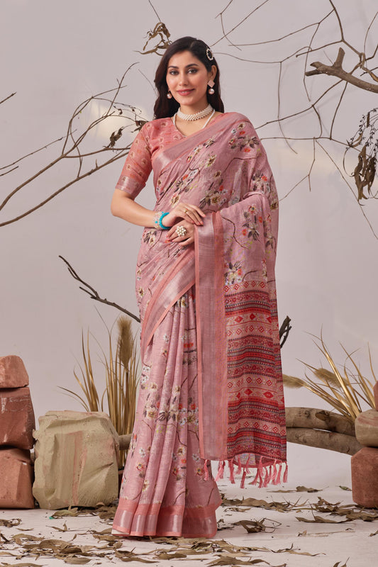 Women's Premium Linen Silk Floral Printed Saree with Elegant Pink Woven Border & Tassel Pallu
