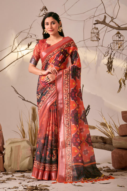 Women's Premium Linen Silk Ikat Printed Saree with Coral Pink Woven Border & Tassel Pallu