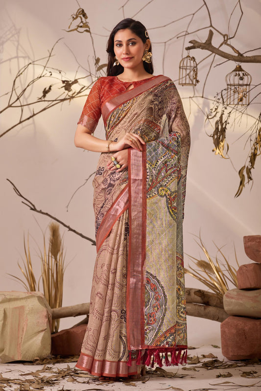 Women's Premium Linen Silk Paisley Printed Saree with Rust Woven Border & Designer Tassel Pallu