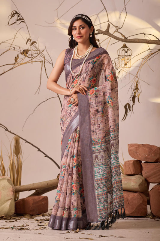 Women's Premium Linen Silk Floral Printed Saree with Lavender Woven Border & Designer Tassel Pallu