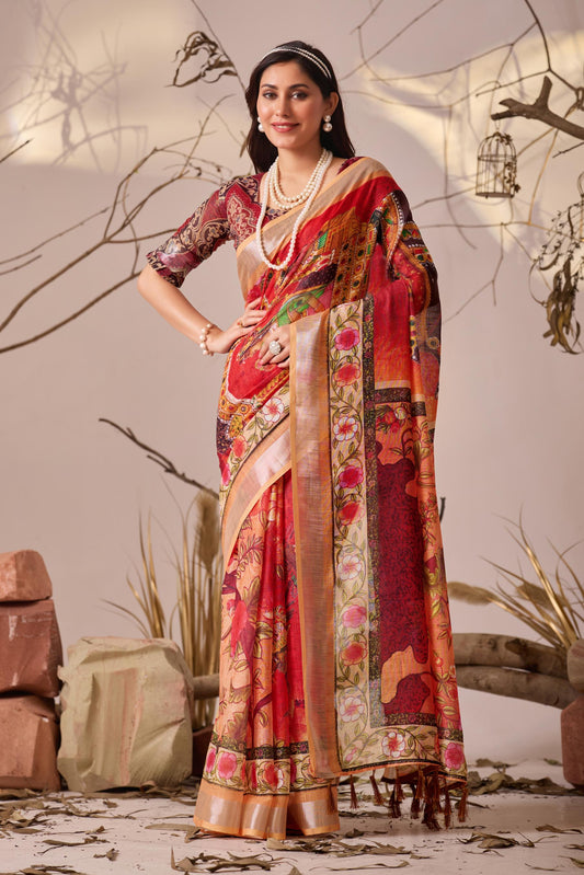 Women's Premium Linen Silk Floral Printed Saree with Beige Woven Border & Designer Tassel Pallu