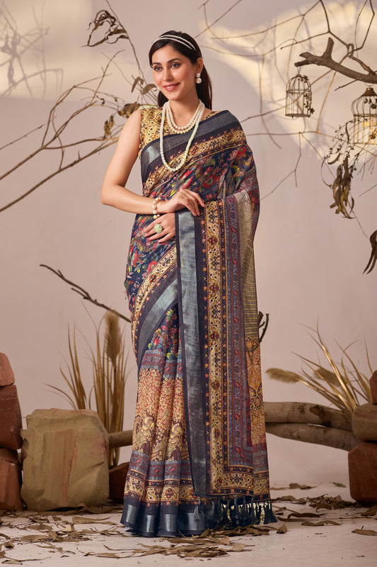 Women's Premium Linen Silk Floral Printed Saree with Navy Blue Woven Border & Designer Tassel Pallu | Navy Blue Party Wear Saree