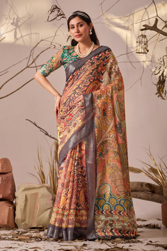 Women's Premium Linen Silk Abstract Kalamkari Printed Saree with Grey Woven Border & Designer Pallu