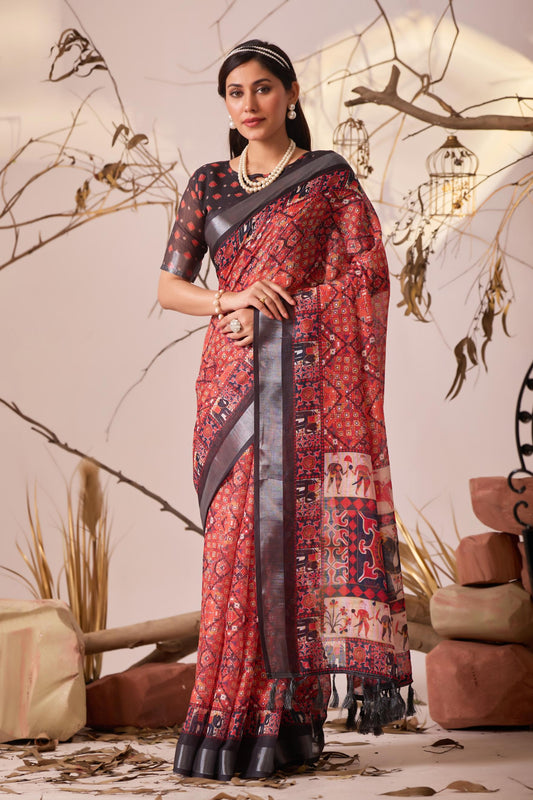 Women's Premium Linen Silk Ajrakh Printed Saree with Grey Woven Border & Designer Pallu