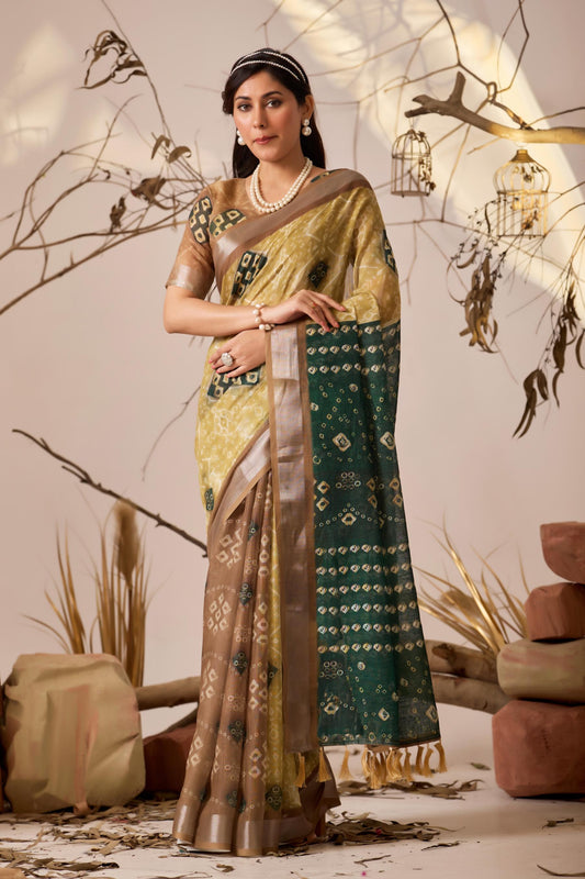Women's Premium Linen Silk Bandhani Printed Saree with Dual Tone Border & Designer Pallu