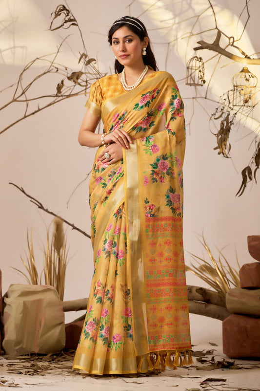 Women's Premium Linen Silk Yellow Floral Printed Saree with Golden Zari Border & Designer Pallu