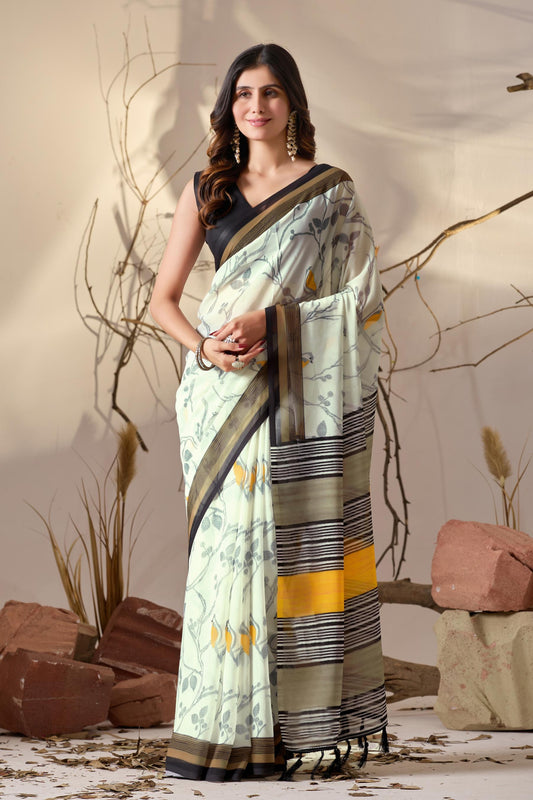 Women's Premium Linen Silk Off White Floral Printed Saree with Black Border & Designer Striped Pallu