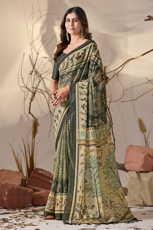 Women's Premium Linen Silk Olive Green Warli Printed Saree with Tribal Art Border & Designer Pallu