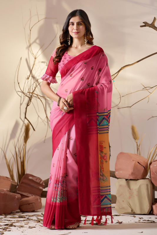 Women's Premium Linen Silk Pink Floral Printed Saree with Dark Pink Border & Designer Pallu