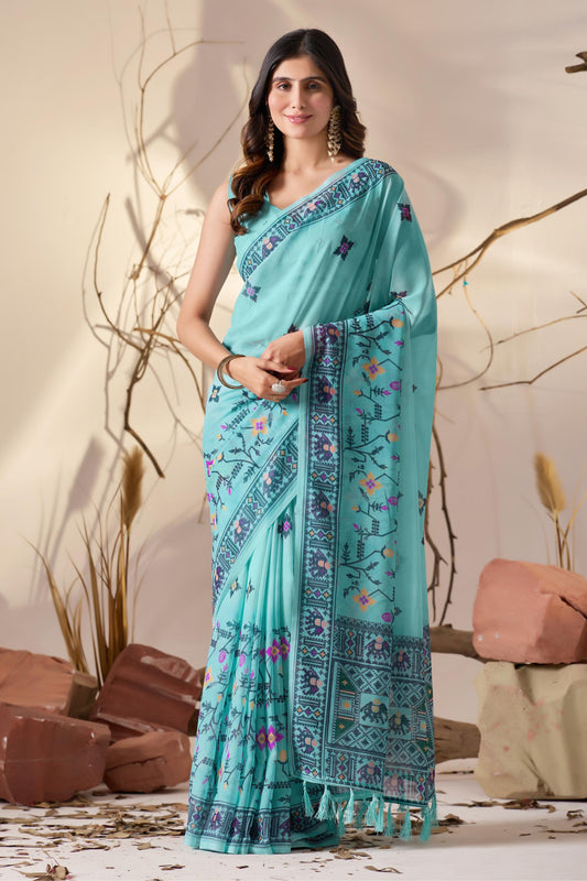 Women's Premium Linen Silk Aqua Blue Floral Printed Saree with Ethnic Border & Designer Pallu