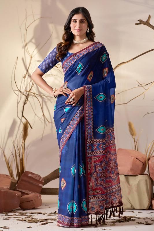 Women's Premium Royal Blue Linen Silk Printed Saree with Ethnic Border & Designer Pallu
