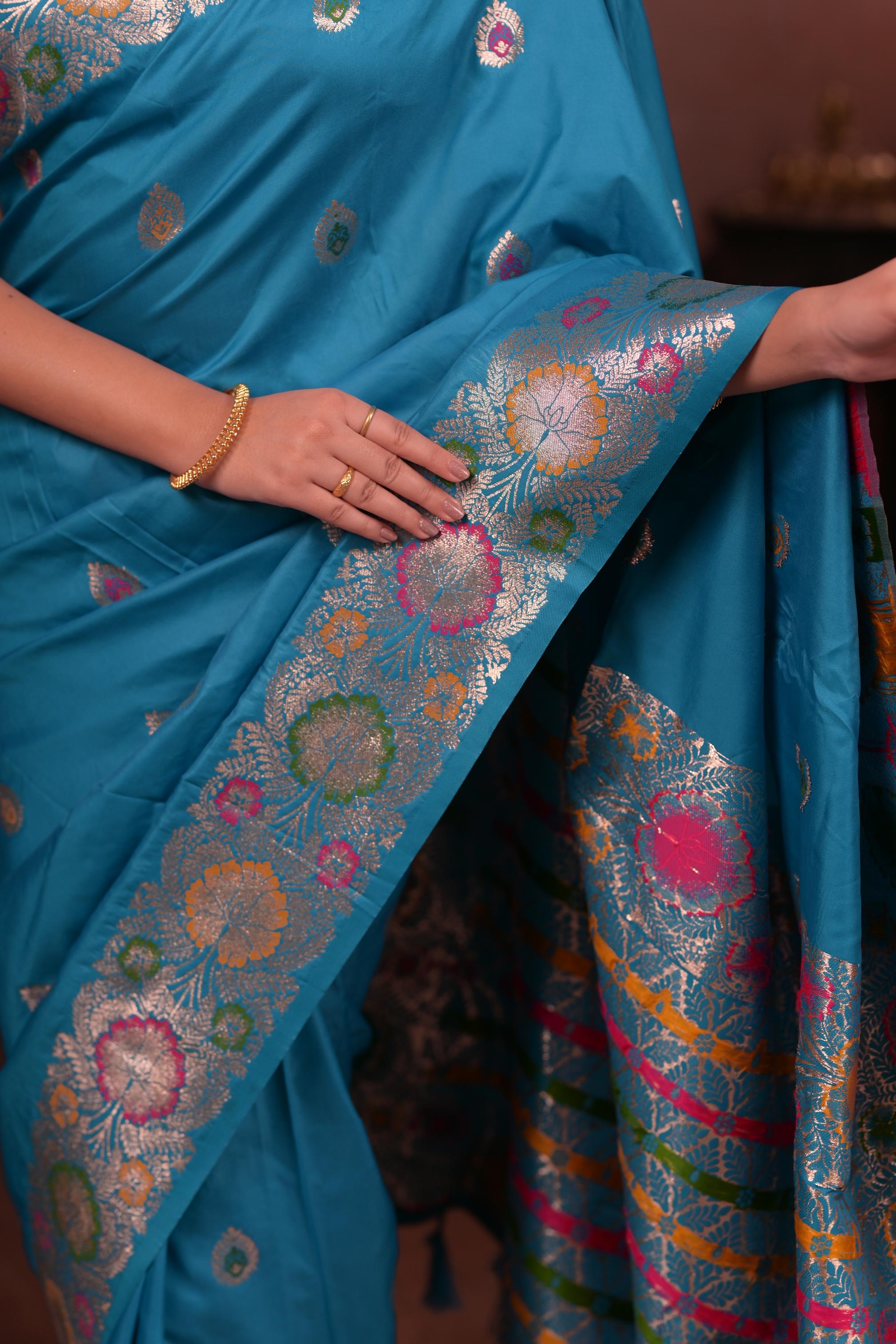Sky Blue Banarasi Silk Saree with Multicolor Floral Zari Woven Border & Rich Designer Pallu