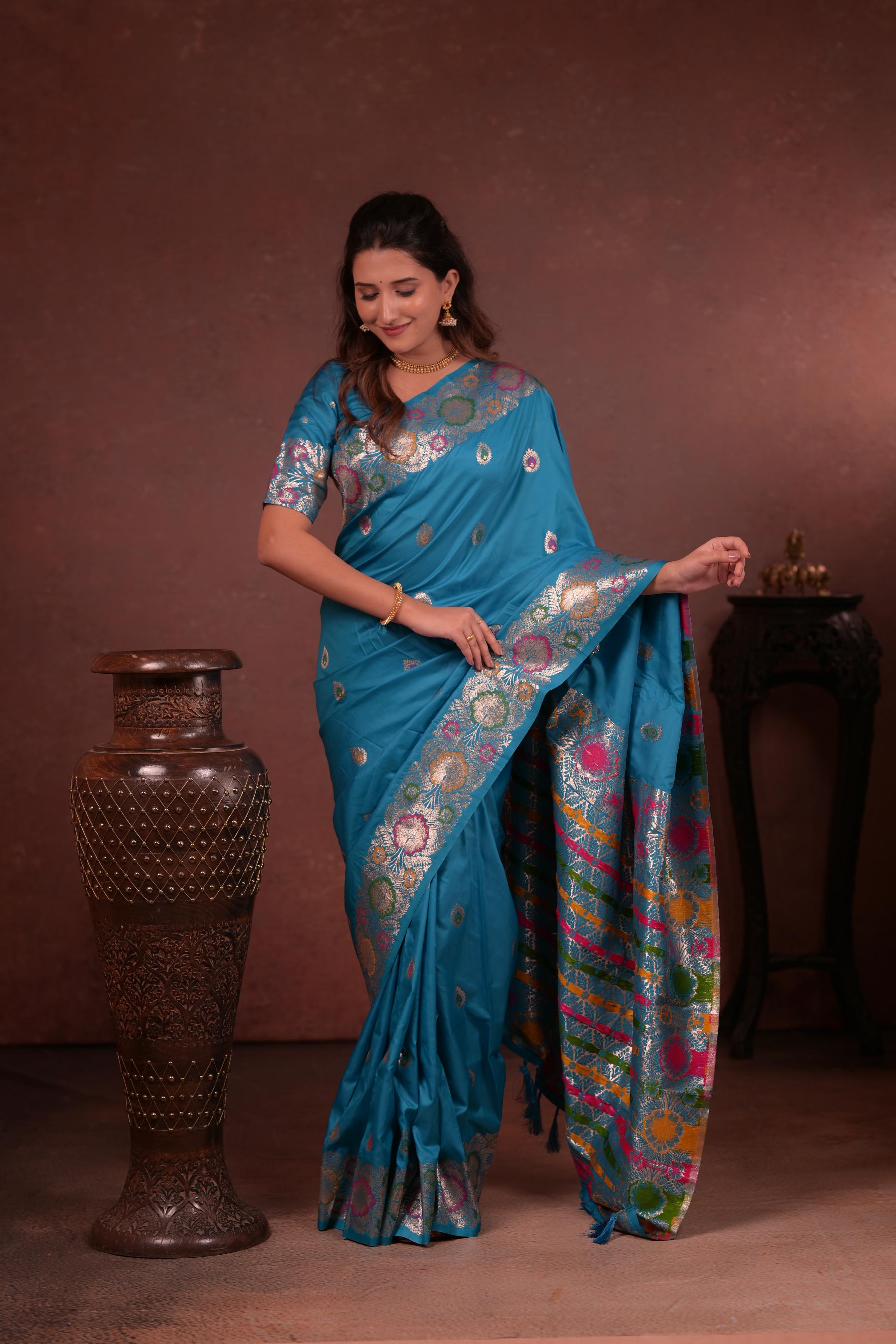 Sky Blue Banarasi Silk Saree with Multicolor Floral Zari Woven Border & Rich Designer Pallu