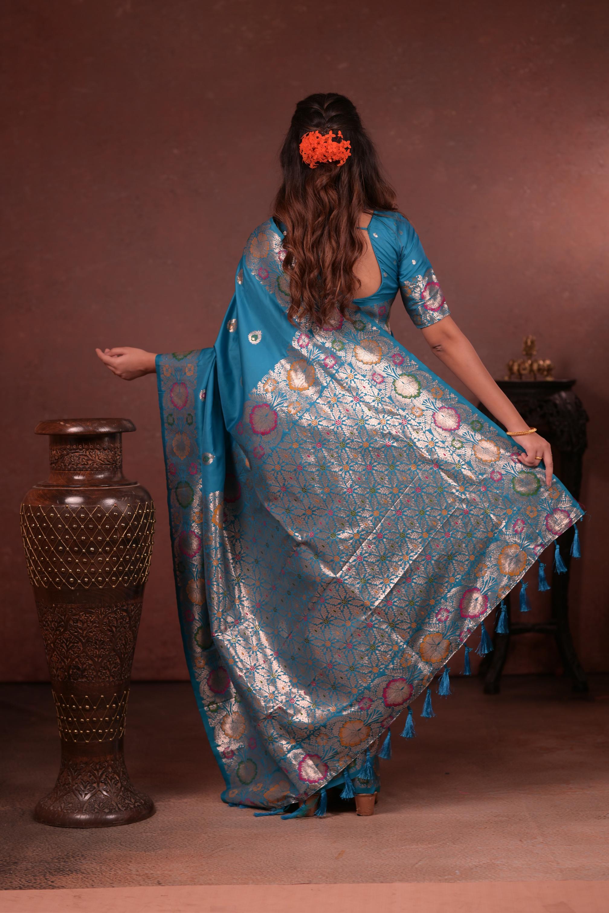 Sky Blue Banarasi Silk Saree with Multicolor Floral Zari Woven Border & Rich Designer Pallu