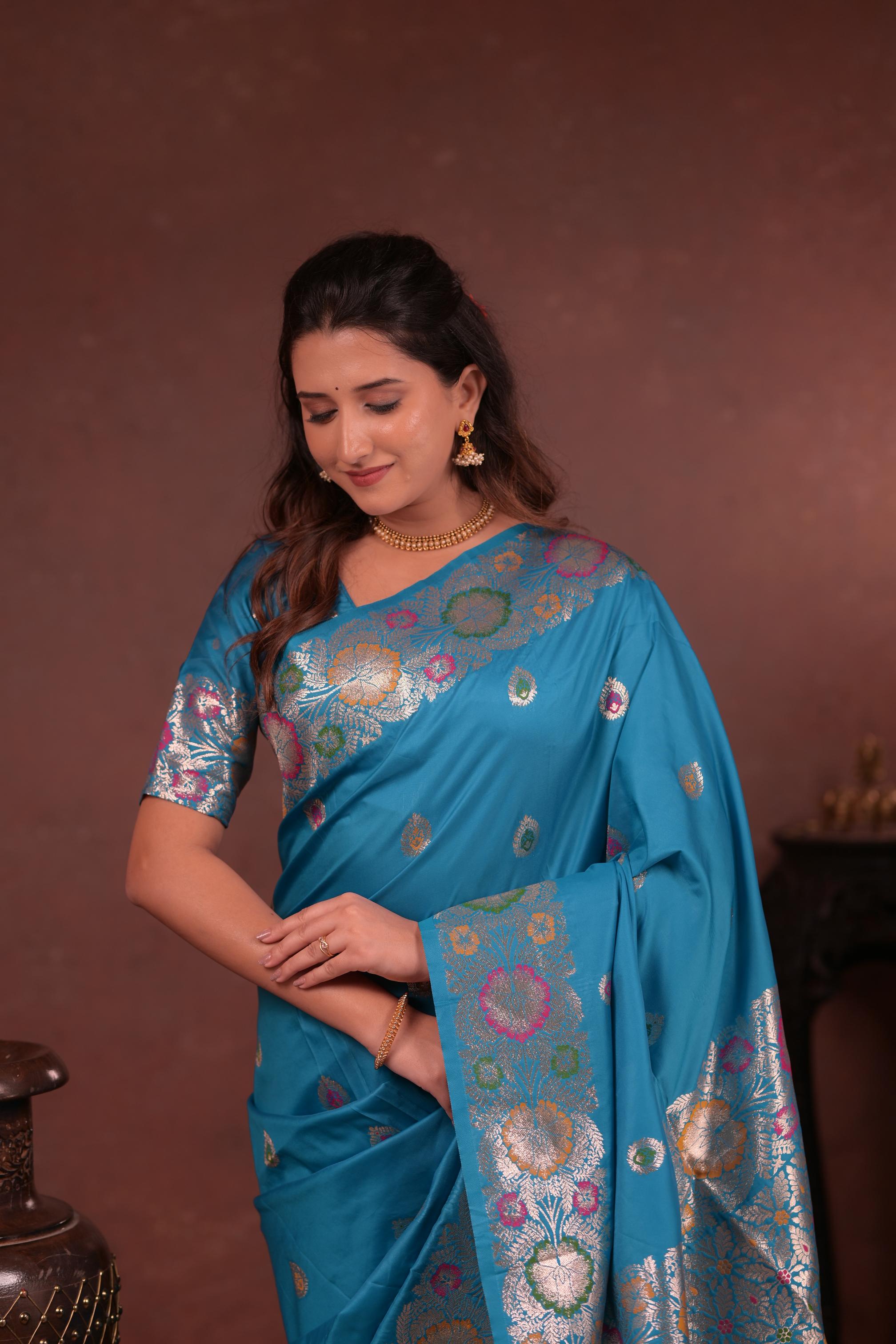 Sky Blue Banarasi Silk Saree with Multicolor Floral Zari Woven Border & Rich Designer Pallu