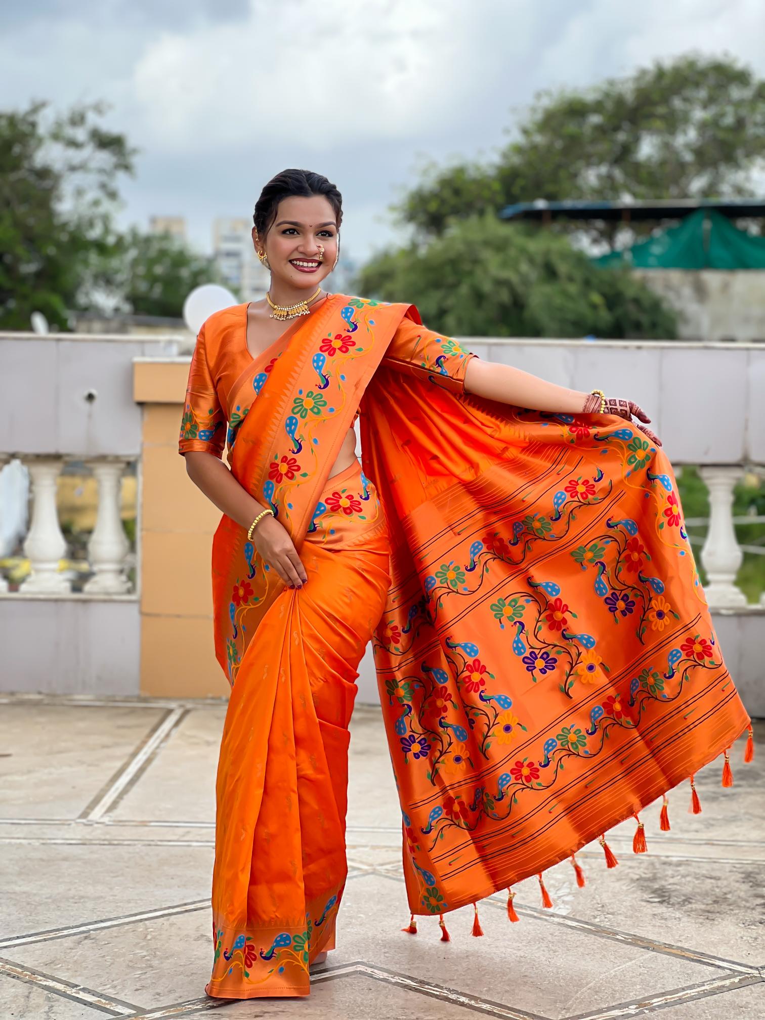 Premium Orange Paithani Silk Saree for Women
