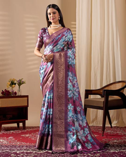 Women's Purple Linen Silk Floral Printed Saree with Antique Zari Border & Designer Pallu