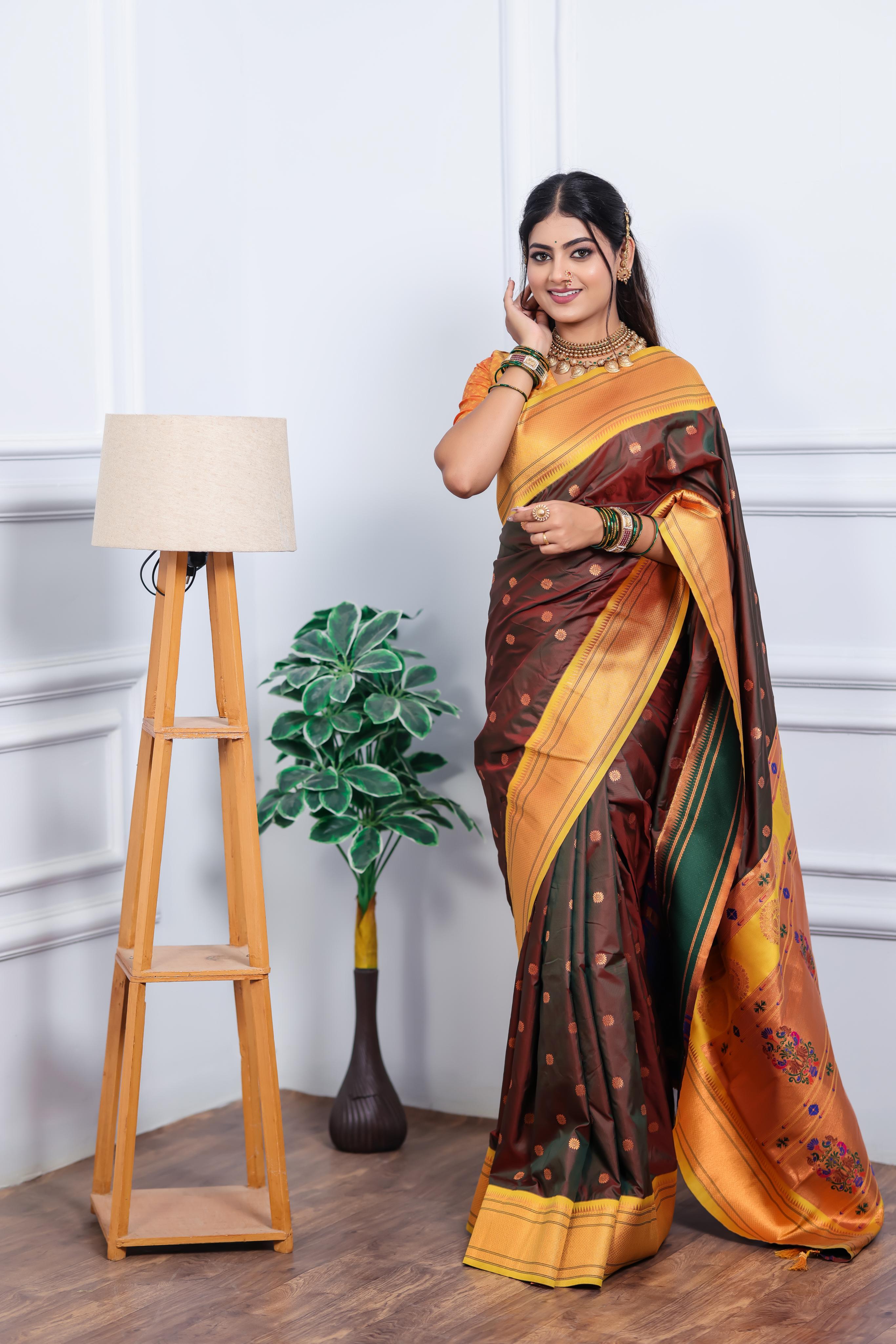 Brown Paithani Silk Saree with Golden Border, Butti Weaving & Designer Pallu