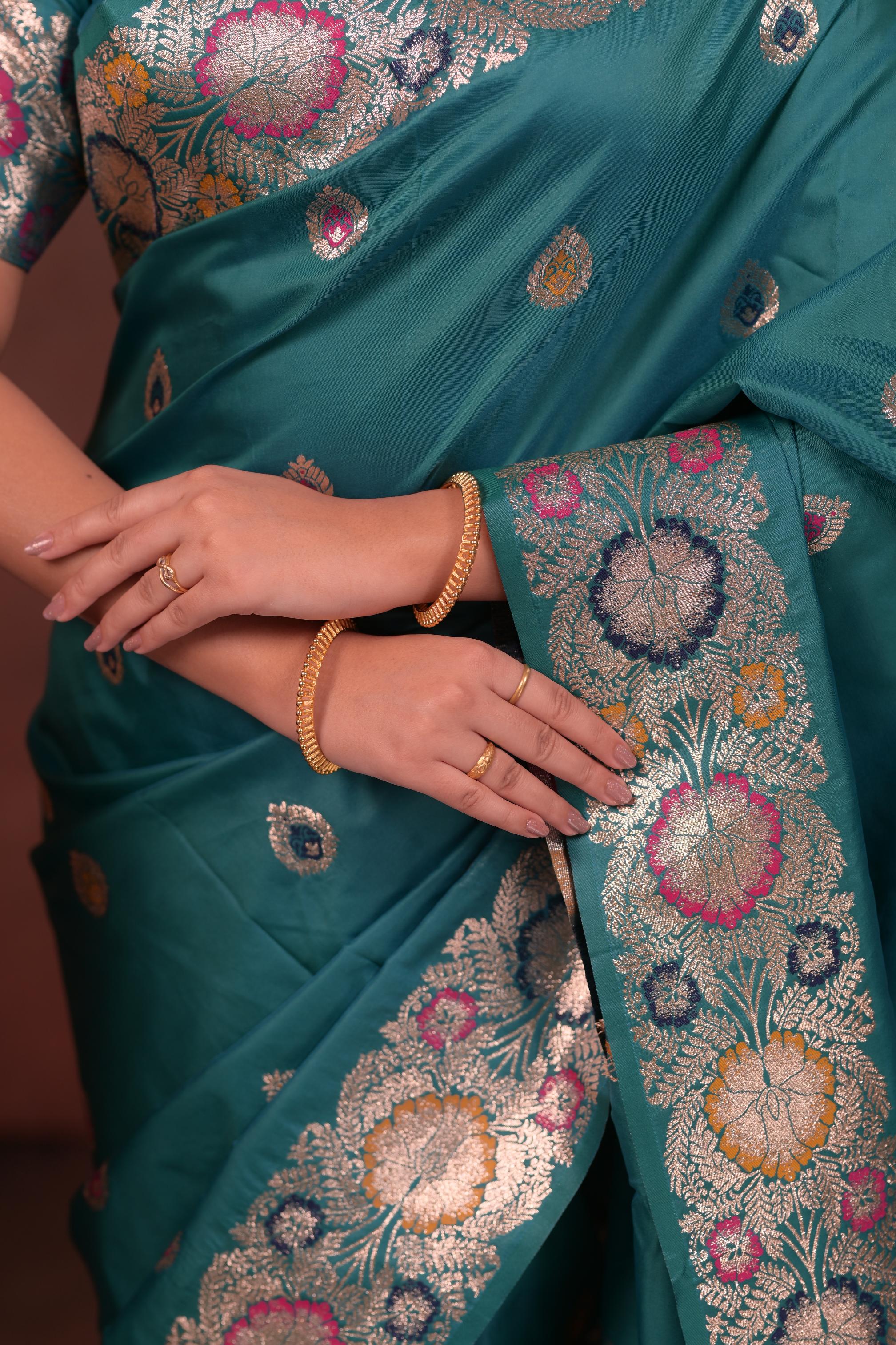 Teal Green Banarasi Silk Saree with Floral Zari Woven Border & Rich Designer Pallu