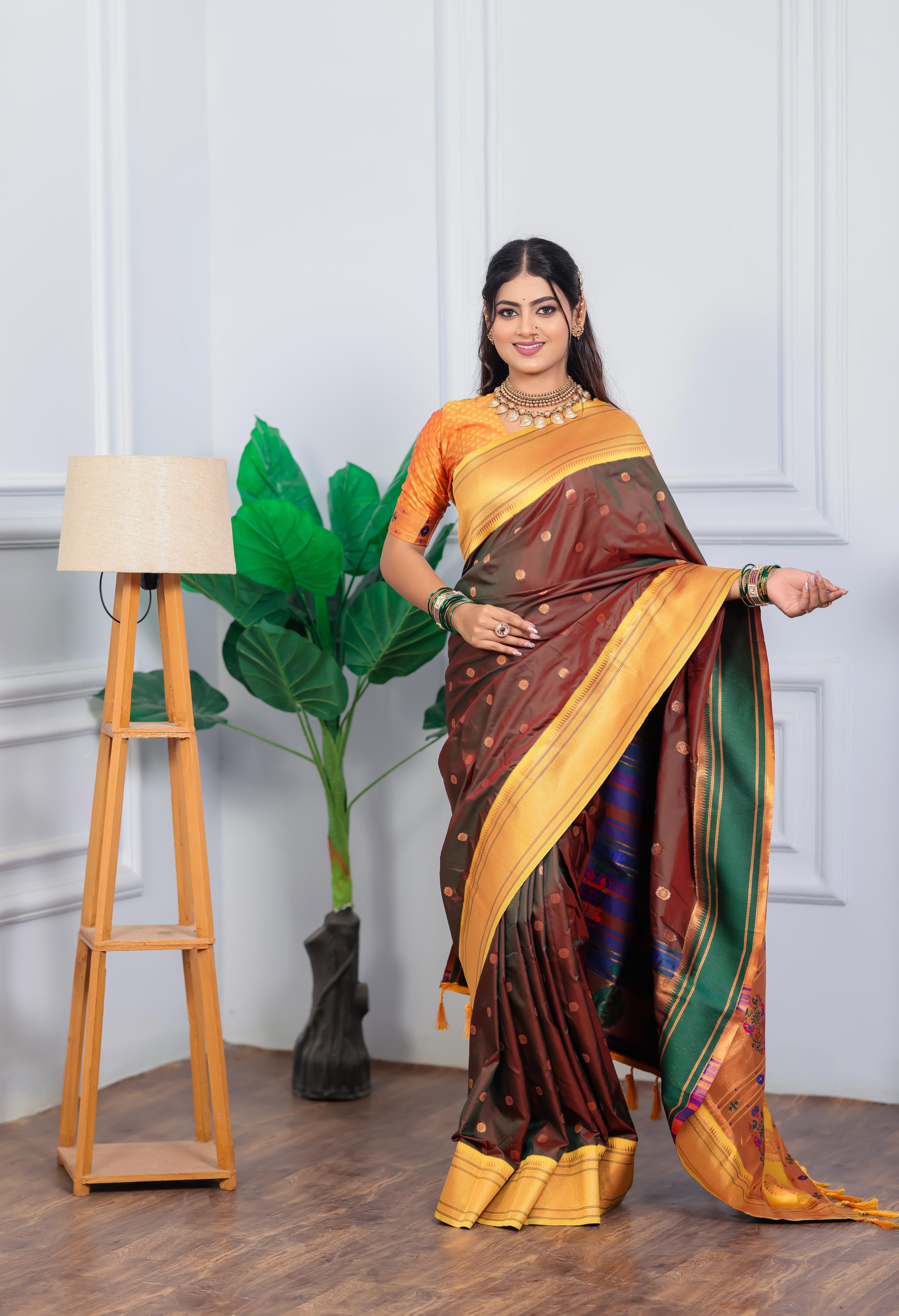 Brown Paithani Silk Saree with Golden Border, Butti Weaving & Designer Pallu