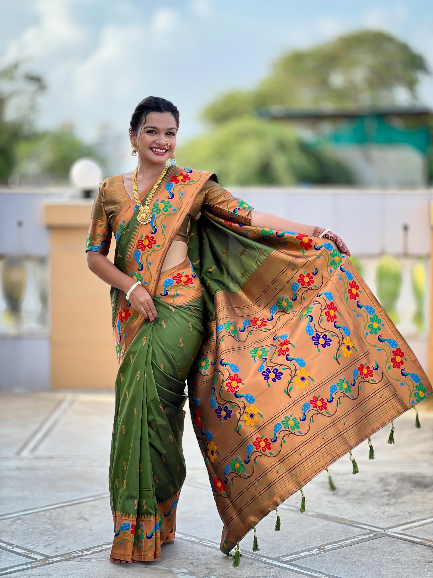 Premium Olive Green Paithani Silk Saree for Women