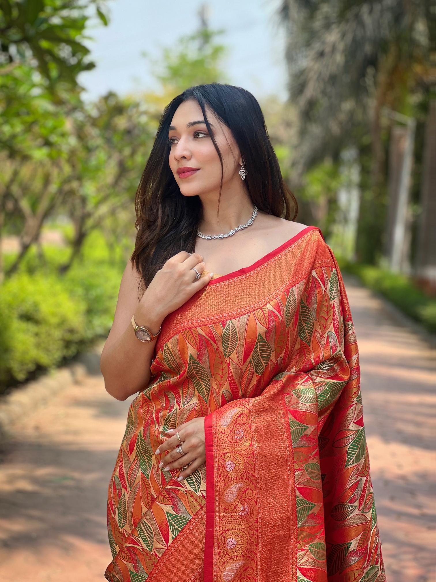 Women's Rust Orange Banarasi Silk Saree with Rich Woven Zari Border & Leaf Design
