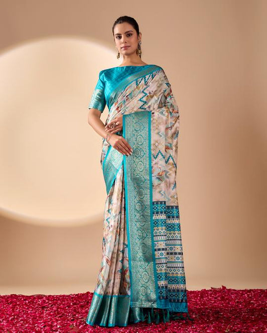 Women's White & Turquoise Linen Silk Printed Saree with Aqua Zari Border & Designer Ethnic Pallu