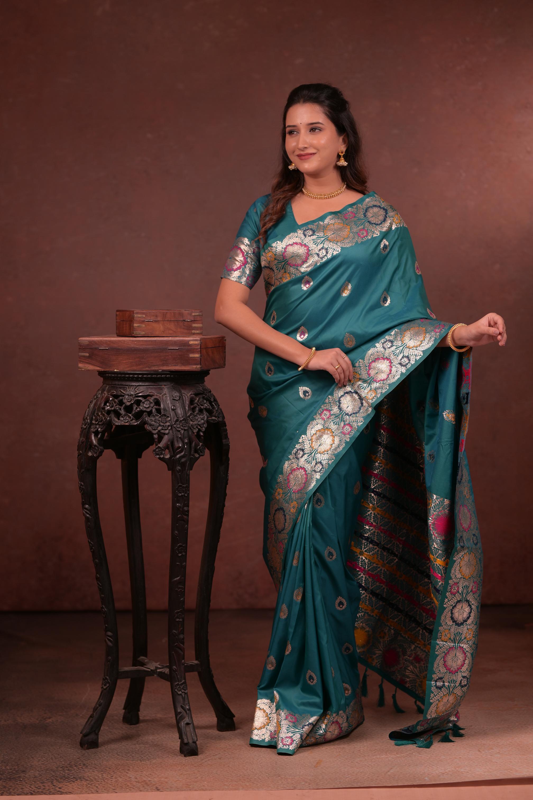 Teal Green Banarasi Silk Saree with Floral Zari Woven Border & Rich Designer Pallu