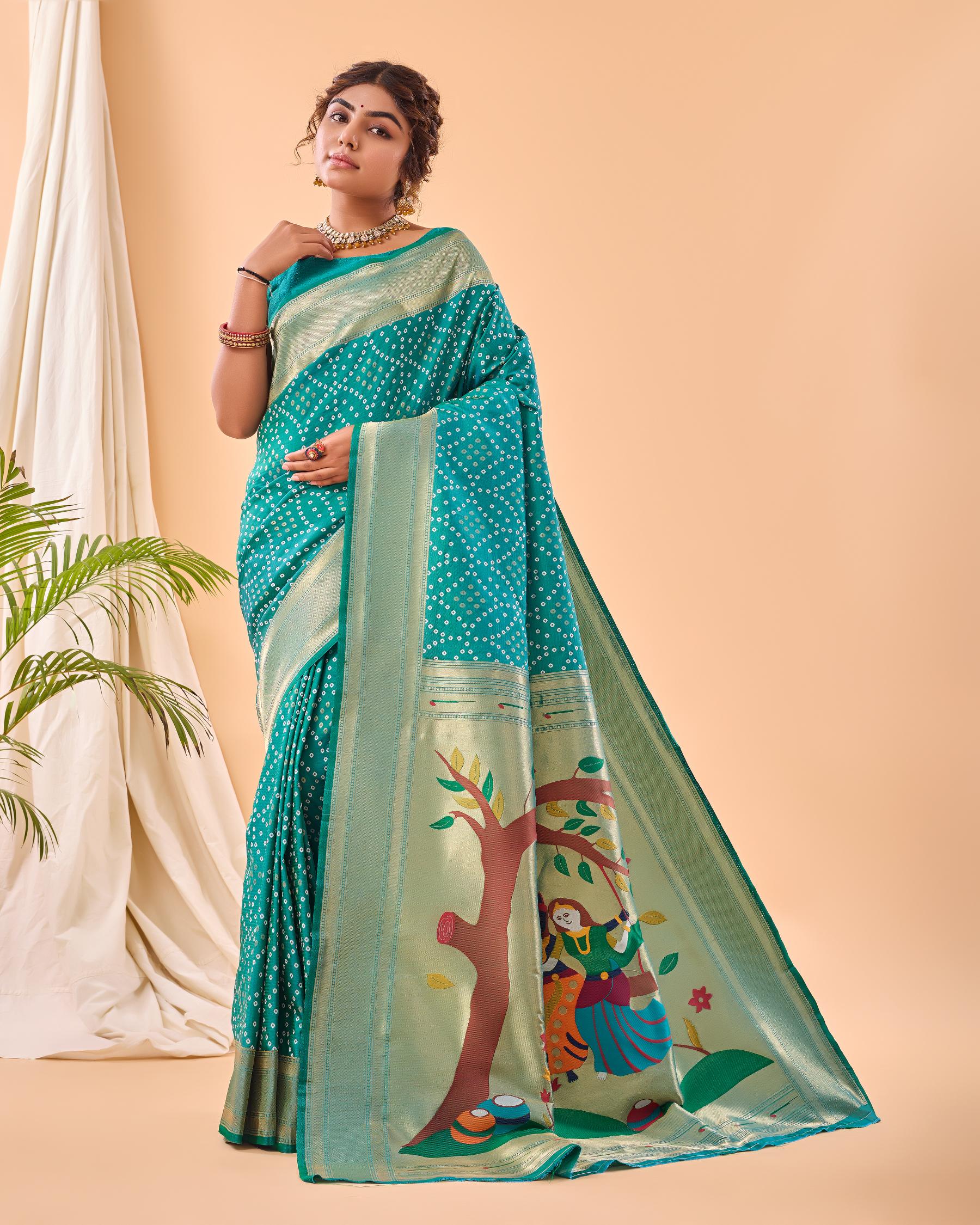 Women's Turquoise Bandhani Silk Saree with Printed Designer Pallu & Zari Border