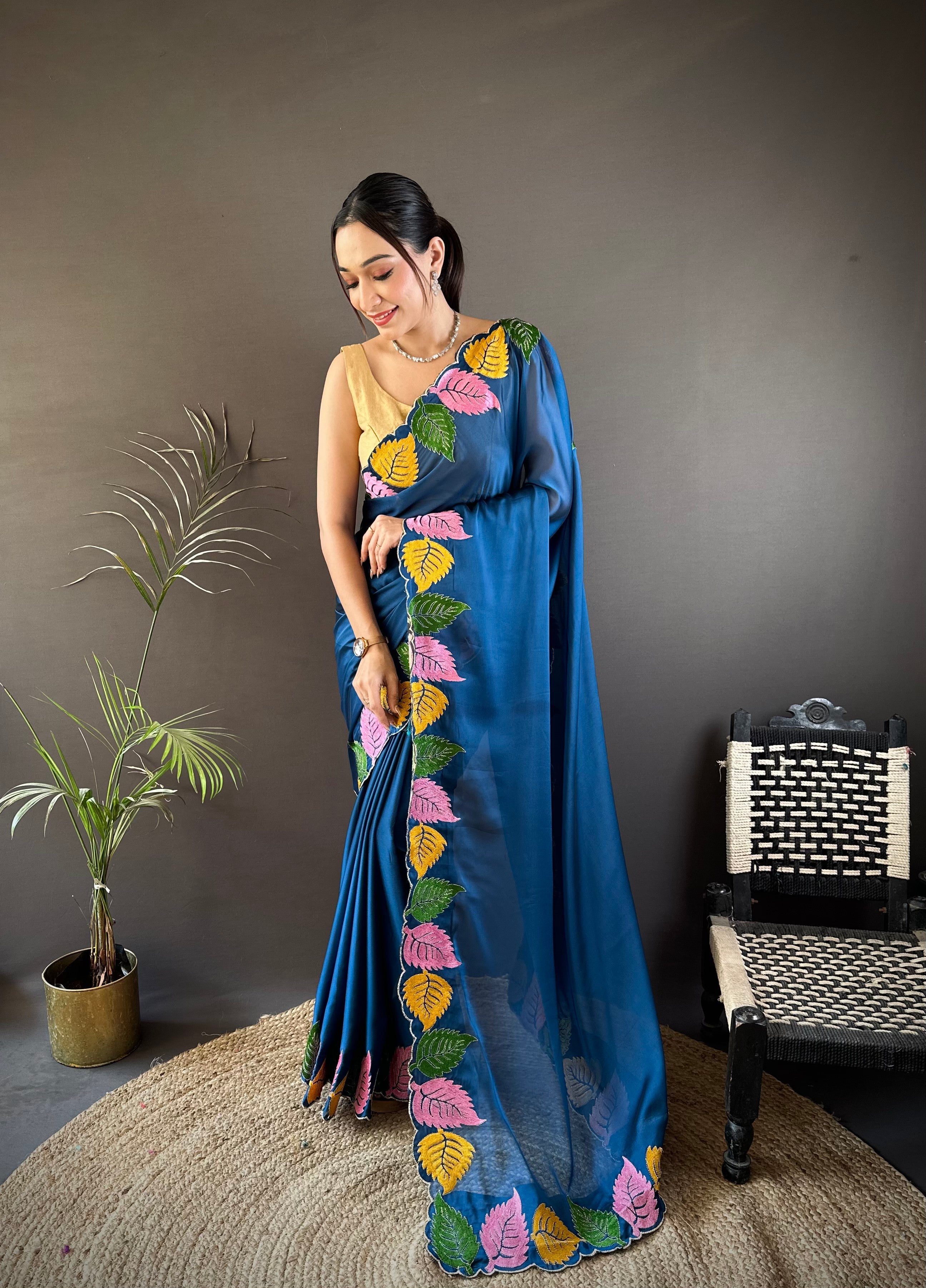 Navy Blue Georgette Saree with Multicolor Leaf Embroidery Border & Designer Pallu