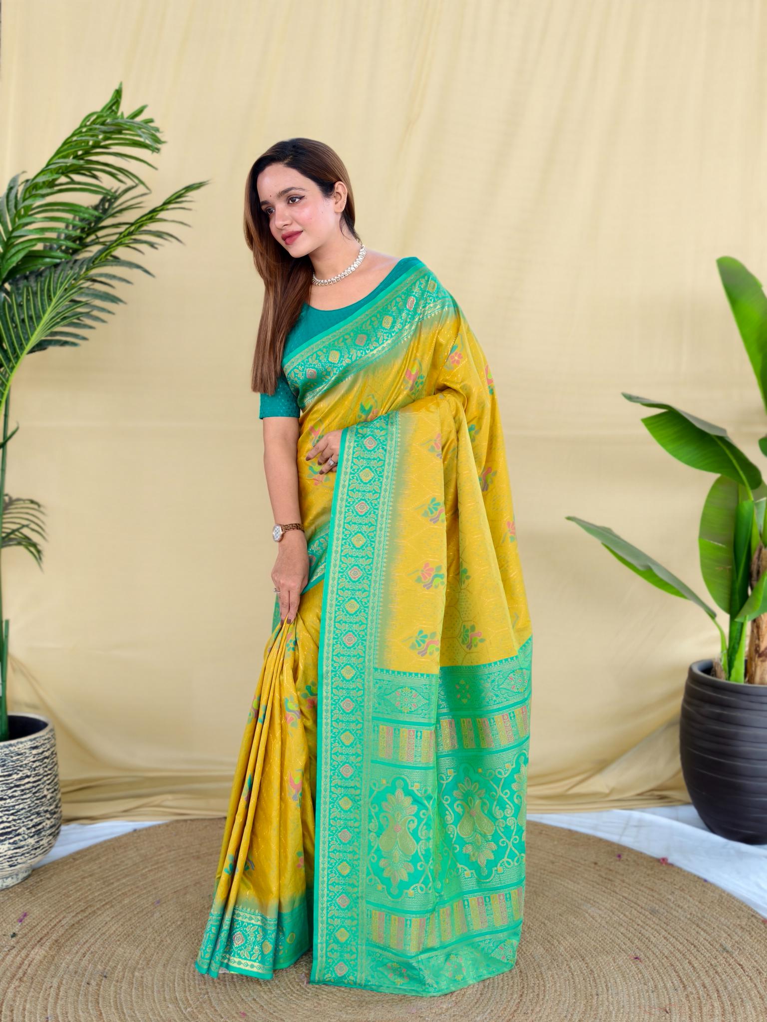 Yellow Banarasi Silk Saree with Sea Green Zari Woven Border & Rich Designer Pallu