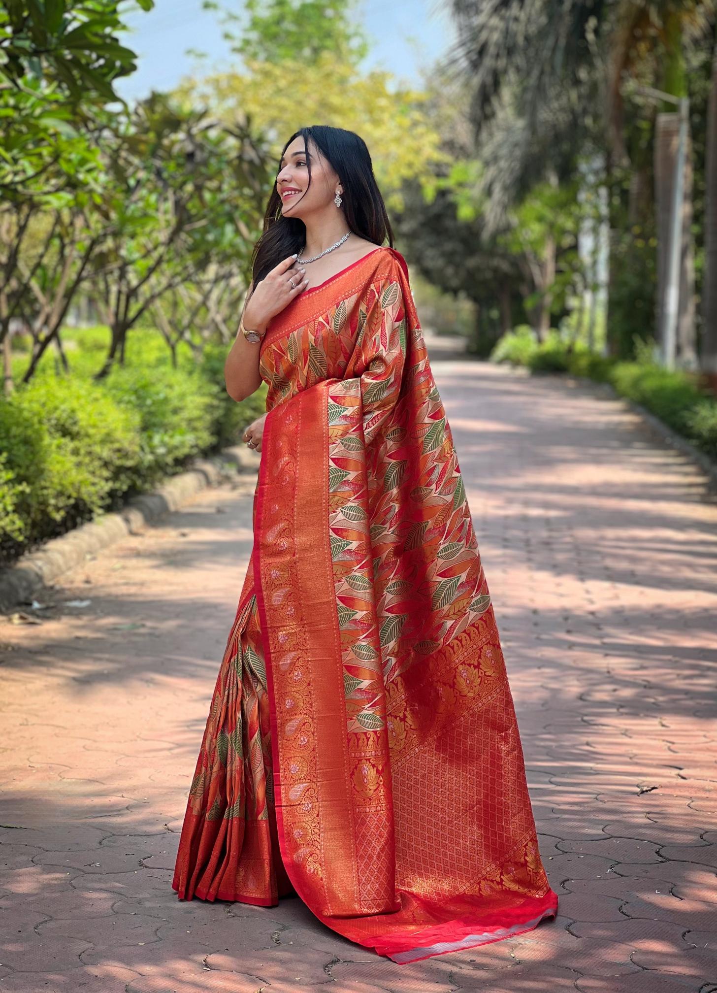 Women's Rust Orange Banarasi Silk Saree with Rich Woven Zari Border & Leaf Design