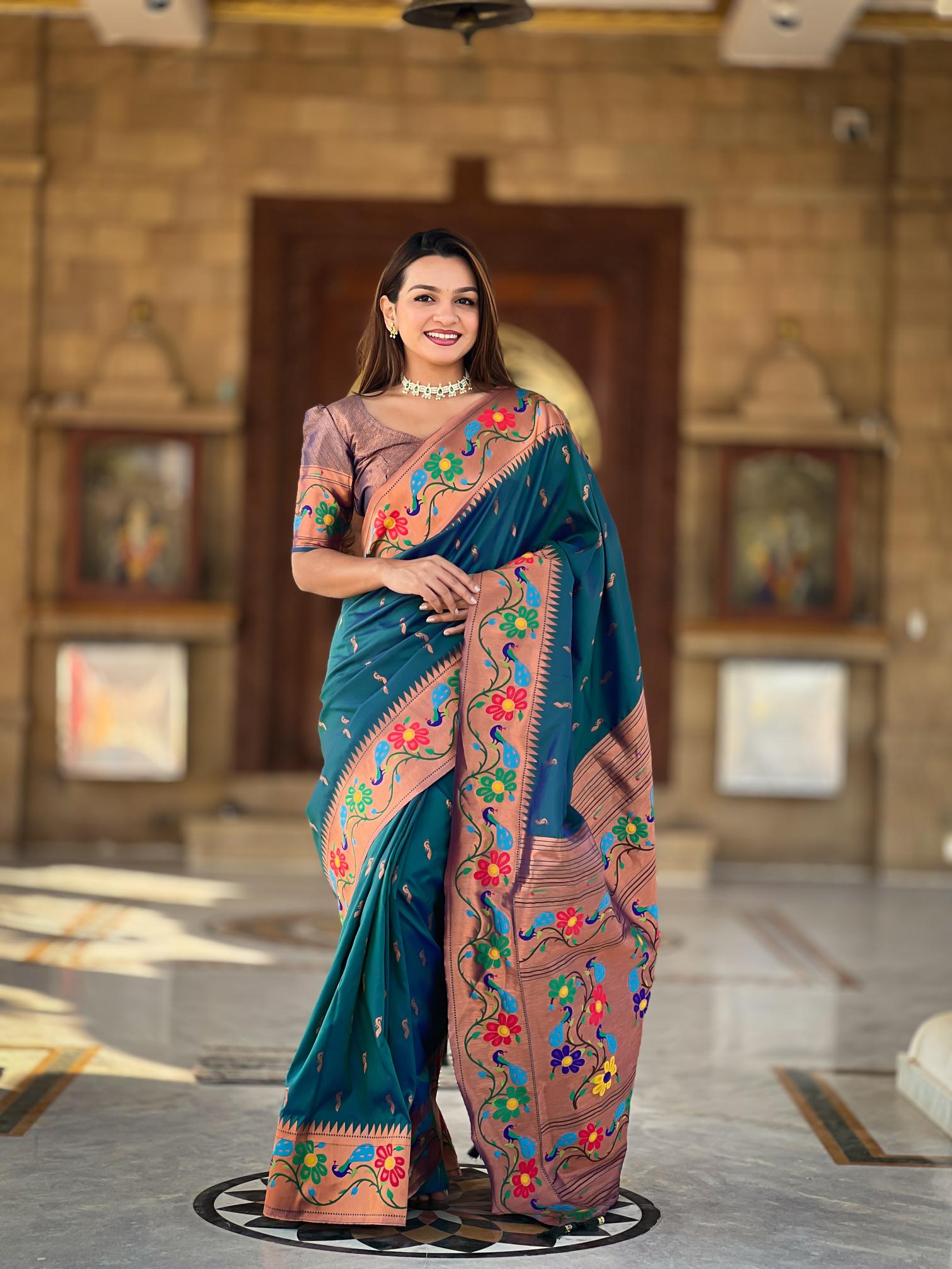 Premium Teal Blue Paithani Silk Saree for Women