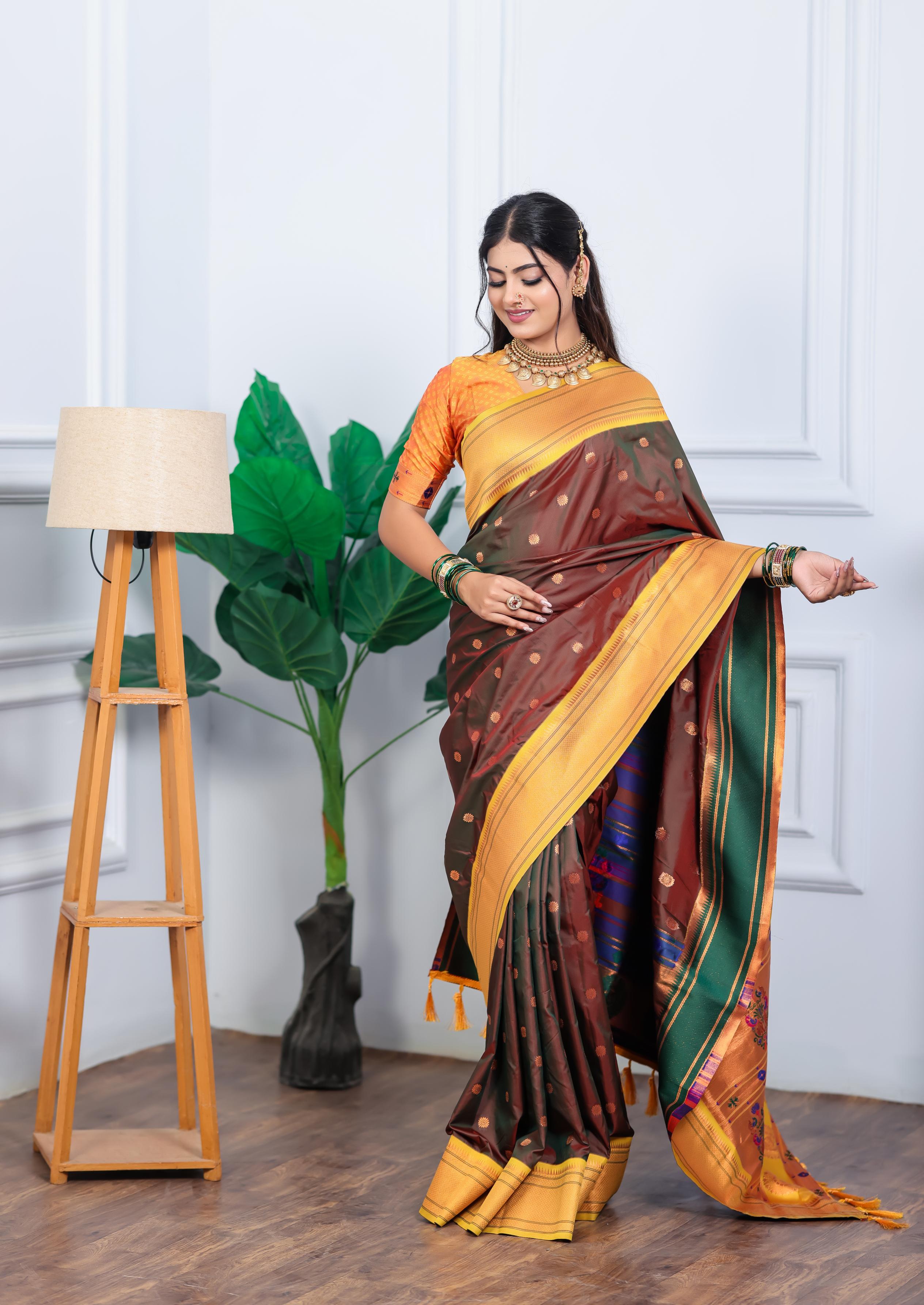Brown Paithani Silk Saree with Golden Border, Butti Weaving & Designer Pallu