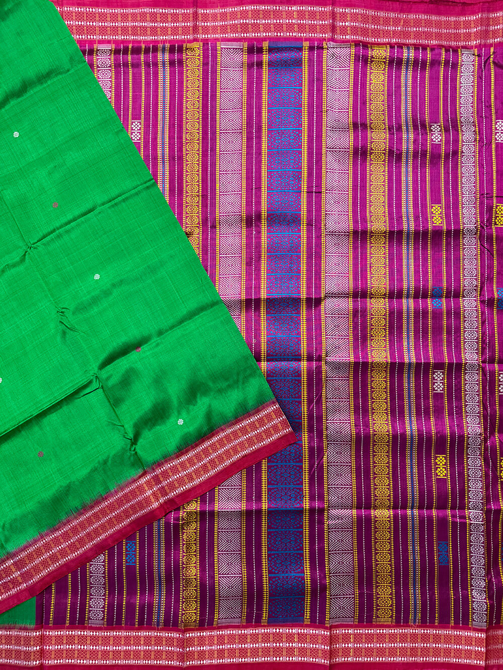Green and Pink Pure Silk Handloom Khandua Patta Saree
