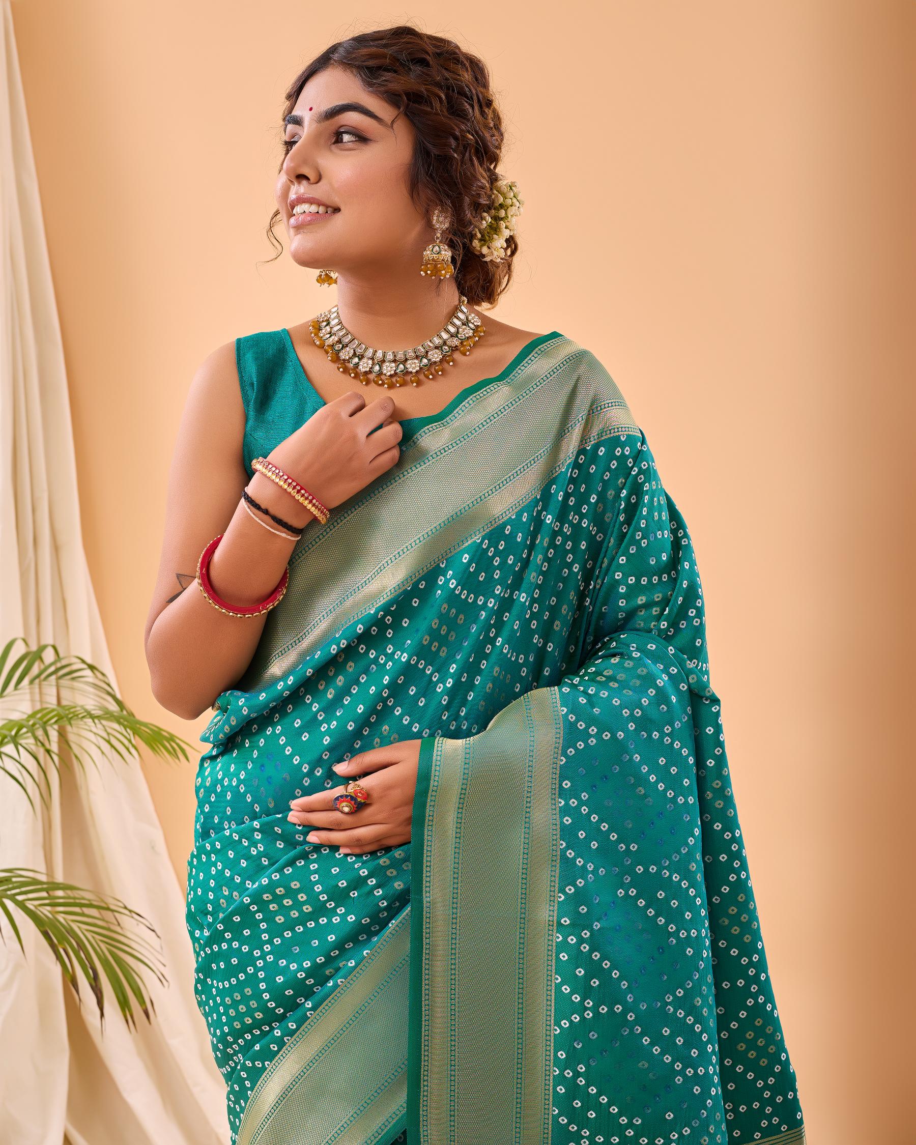 Women's Turquoise Bandhani Silk Saree with Printed Designer Pallu & Zari Border
