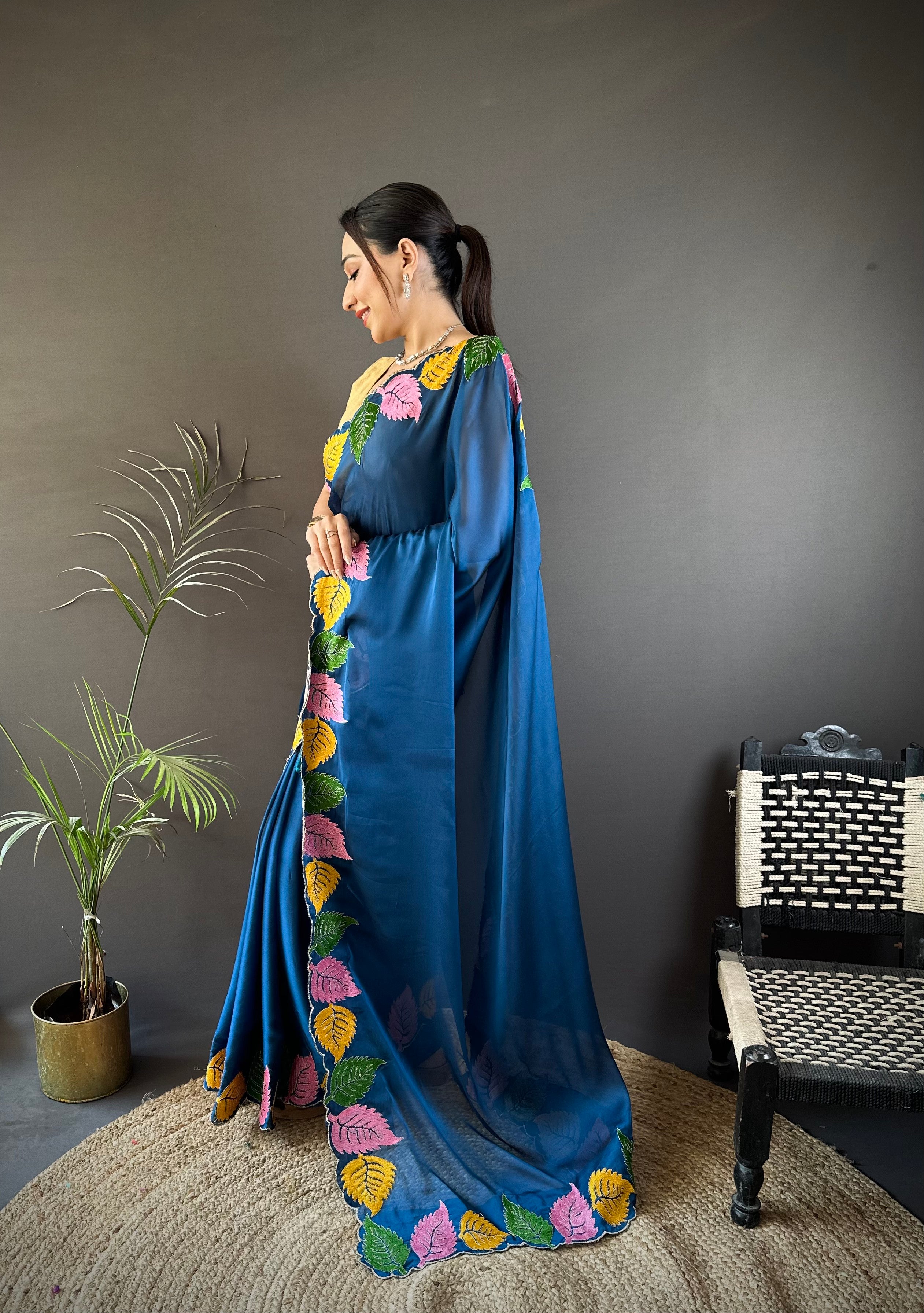 Navy Blue Georgette Saree with Multicolor Leaf Embroidery Border & Designer Pallu
