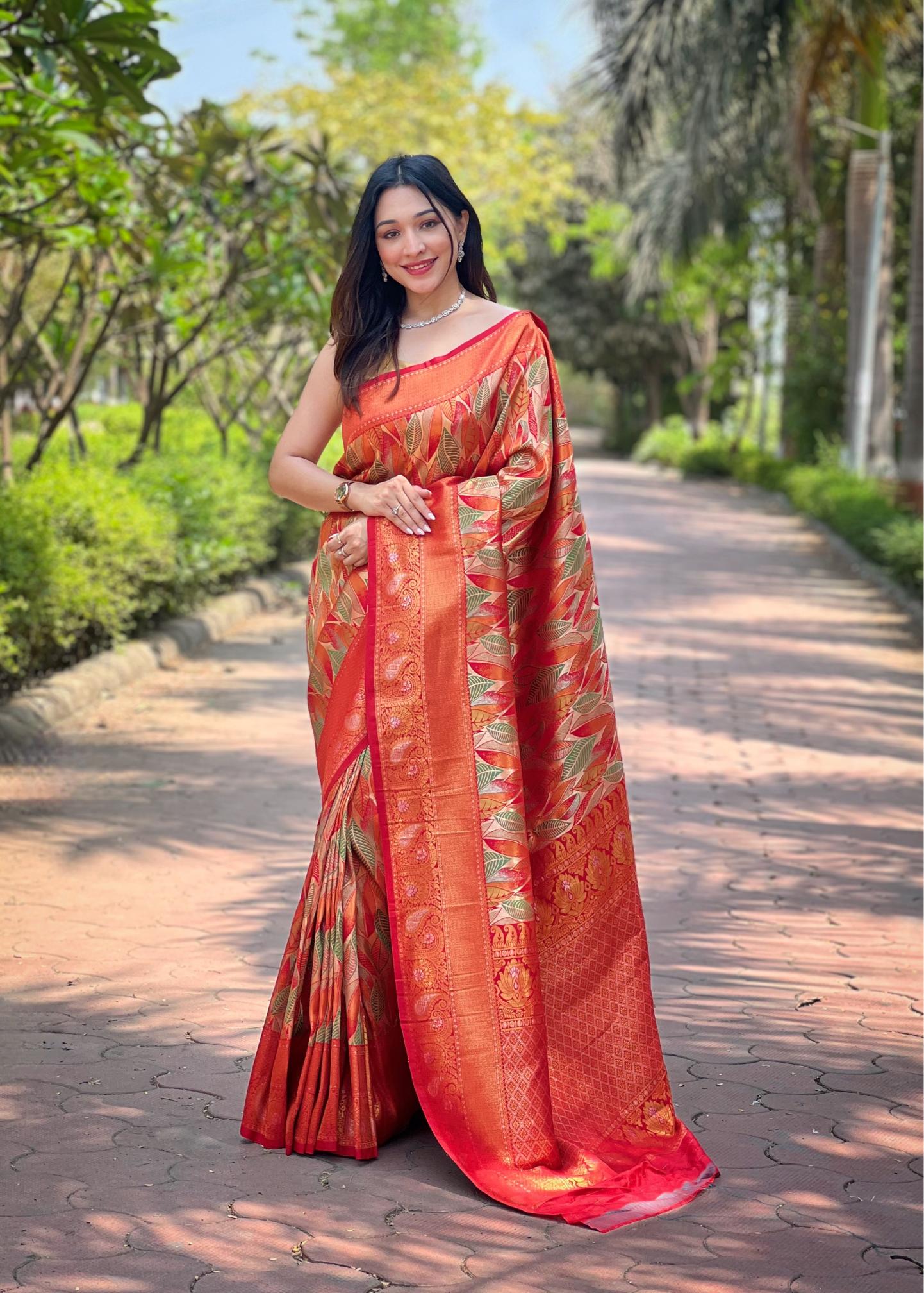 Women's Rust Orange Banarasi Silk Saree with Rich Woven Zari Border & Leaf Design