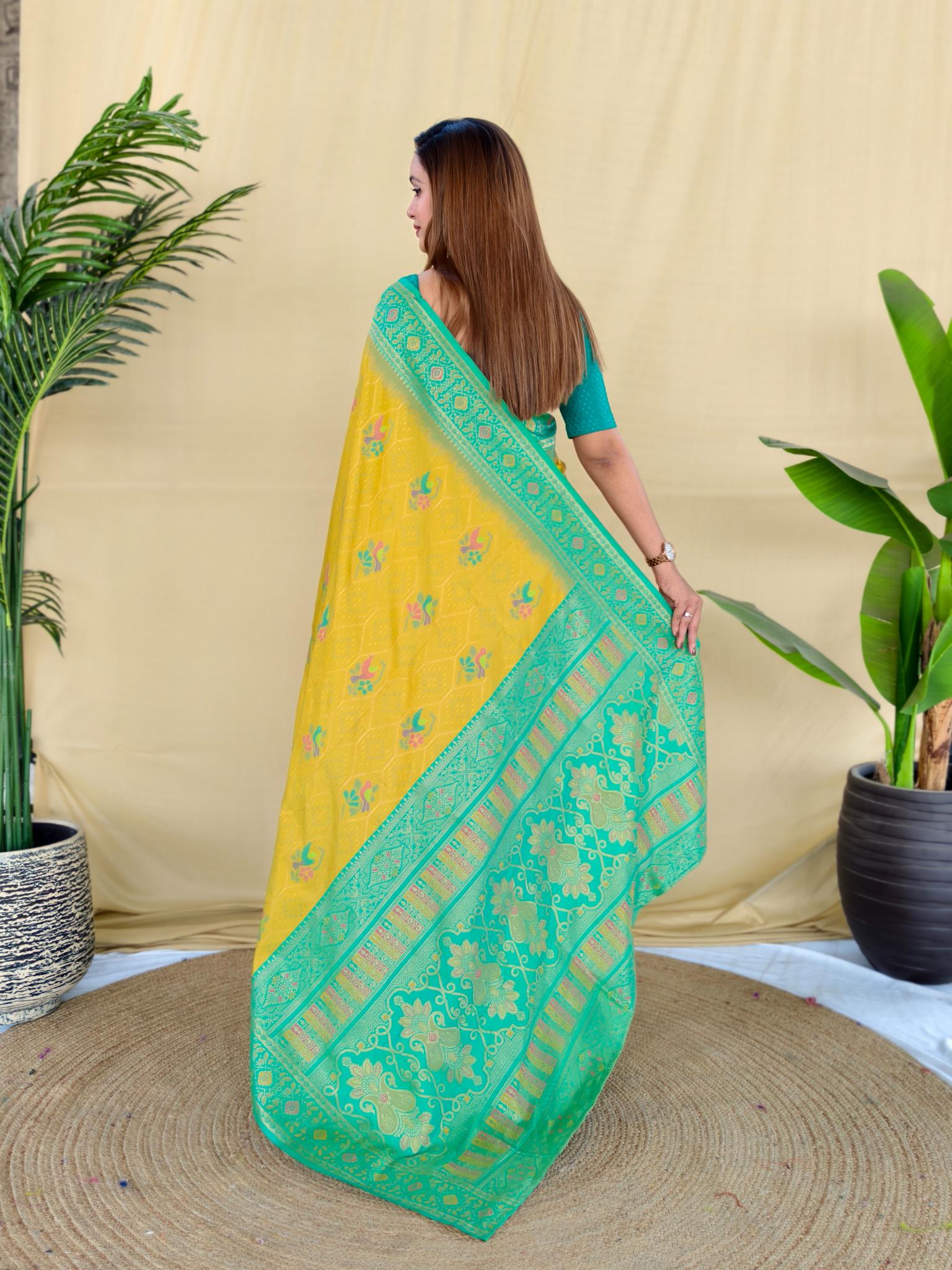 Yellow Banarasi Silk Saree with Sea Green Zari Woven Border & Rich Designer Pallu