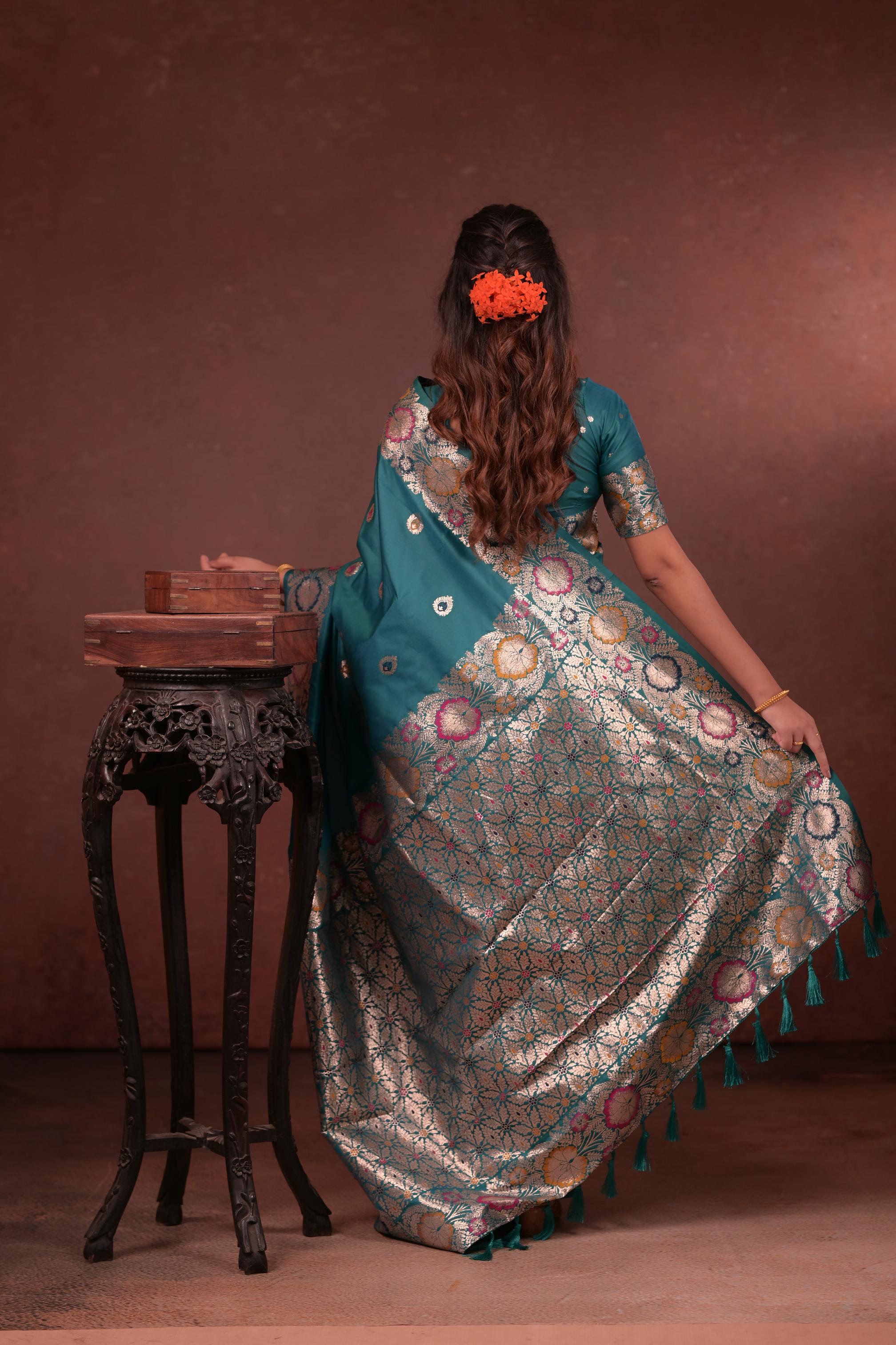 Teal Green Banarasi Silk Saree with Floral Zari Woven Border & Rich Designer Pallu