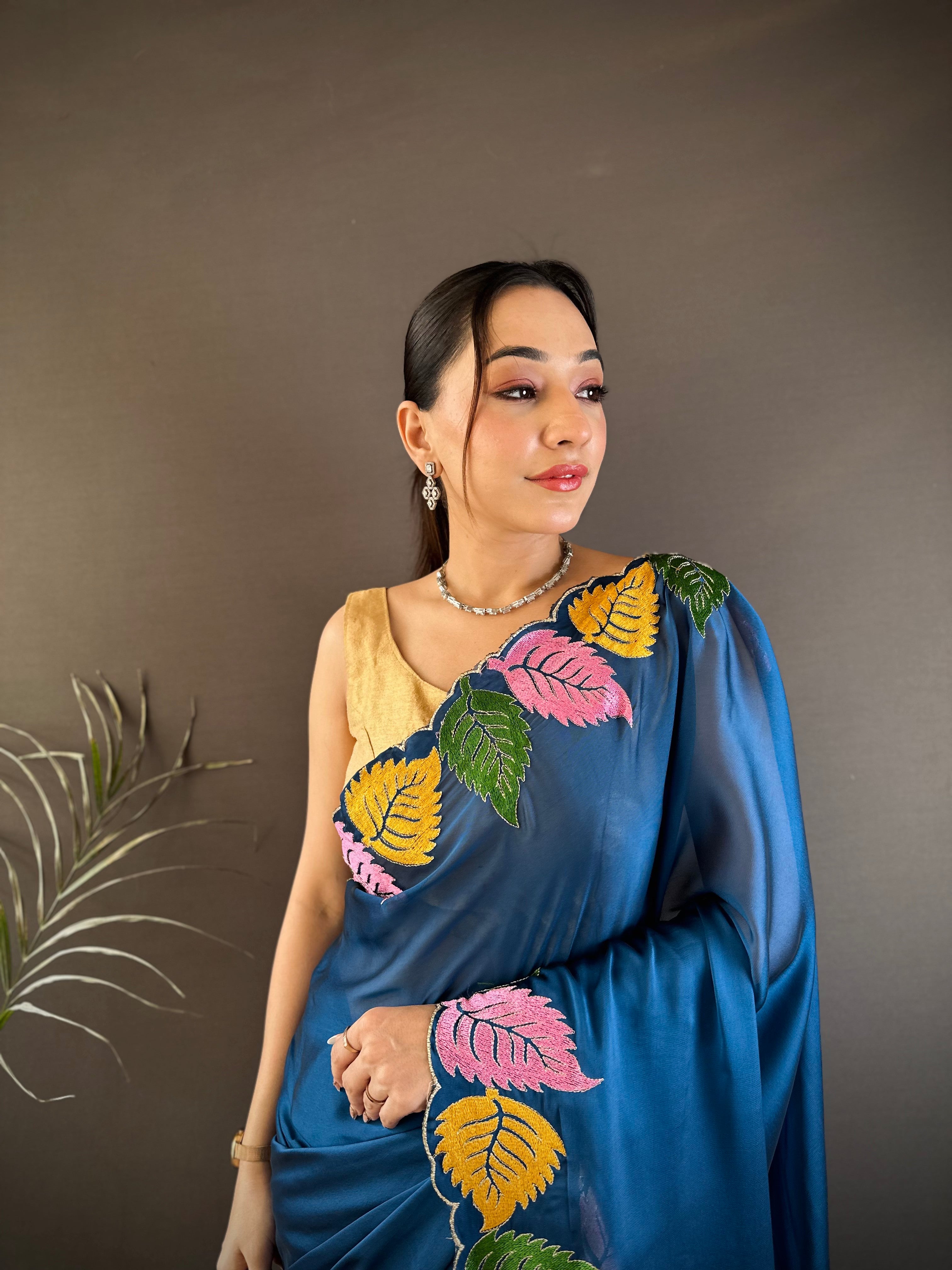 Navy Blue Georgette Saree with Multicolor Leaf Embroidery Border & Designer Pallu
